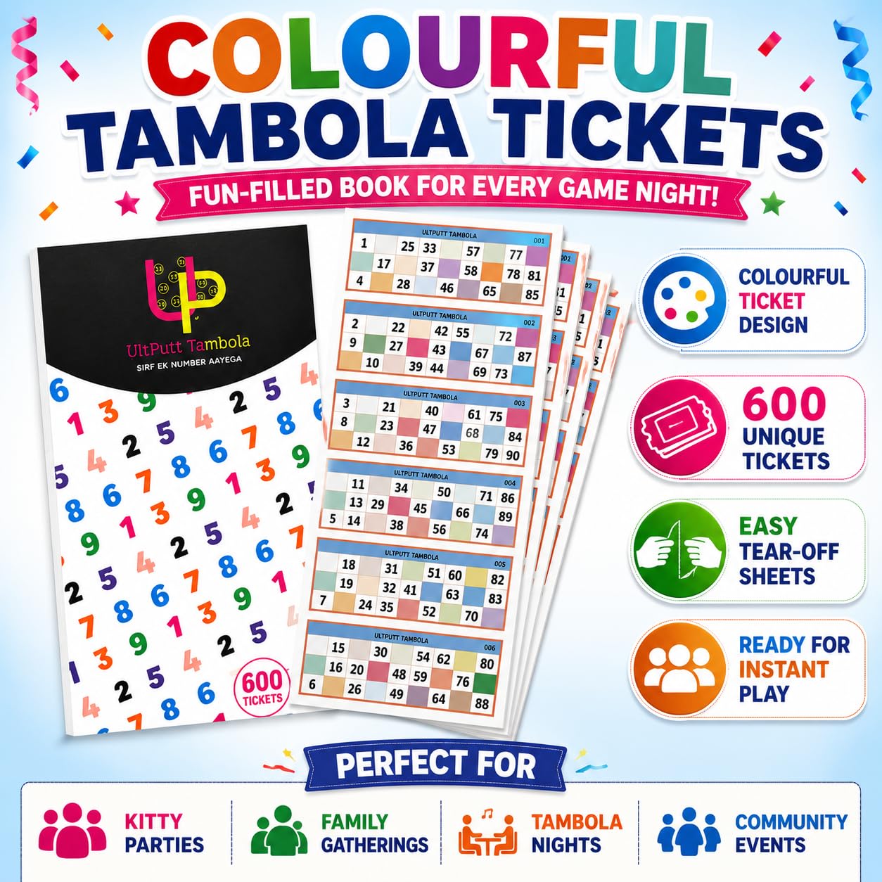 UltPult Tambola Housie Tambola Tickets Booklet Ticket Book Bingo Set | Indoor Board Games | Housie Game Book | Tambola Game Booklet for Ladies Kitty Party (Big Size Colorful Booklet of 600 Tickets) 1