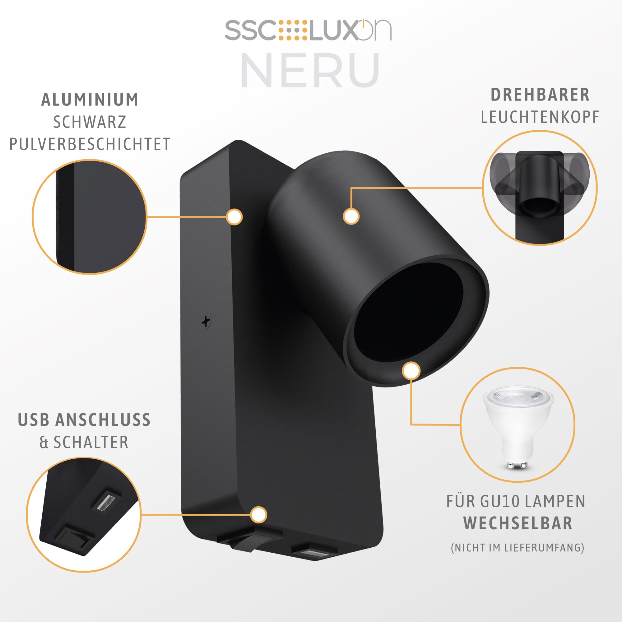 SSC-LUXon NERU 2 sztuki lampa ścienna scandi czarna obrotowa – lampa do czytania sypialnia z przyłączem USB, włącznik światła, oprawa GU10