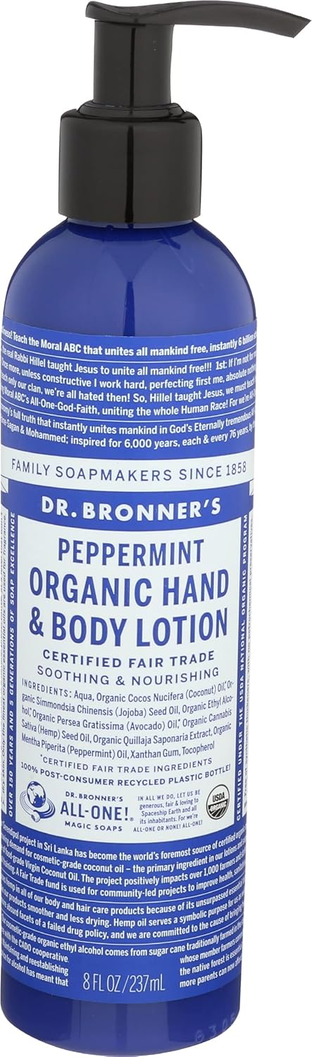Dr. Bronner's & All-One Organic Lotion for Hands & Body, Peppermint, 8-Ounce Pump Bottle
