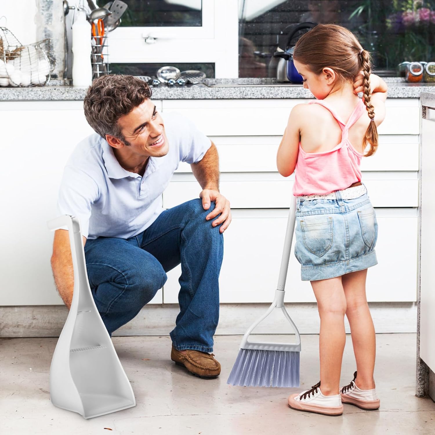 Mini Broom with Dustpan Set for Desktop Cleaning, Compact and Lightweight Plastic Hand Broom with Freestanding Design, for Kitchen and Little Housekeepers