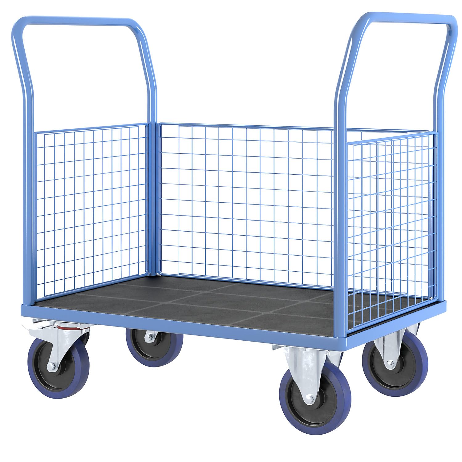 eurokraft pro | Plattformwagen mit Gitterwänden | Vollelastik-Rollen, 3 hohe Gitter, LxB 1000 x 675 mm