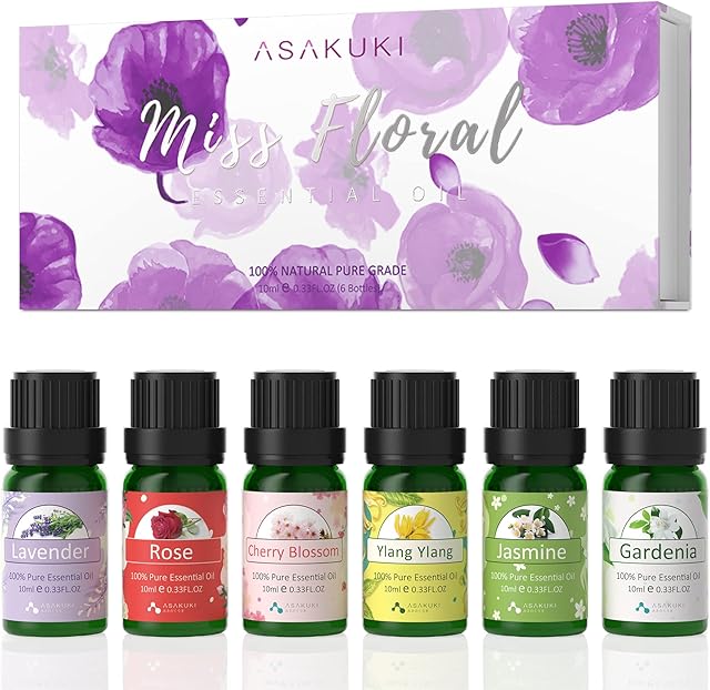 Essential Oils Set, Fragrance Oil for Humidifiers, ASAKUKI Floral Essential Oils for diffusers for Home, Diffuser Oils with Lavender Ylang Ylang Rose Jasmine Cherry Blossom Gardenia - 6*10mL