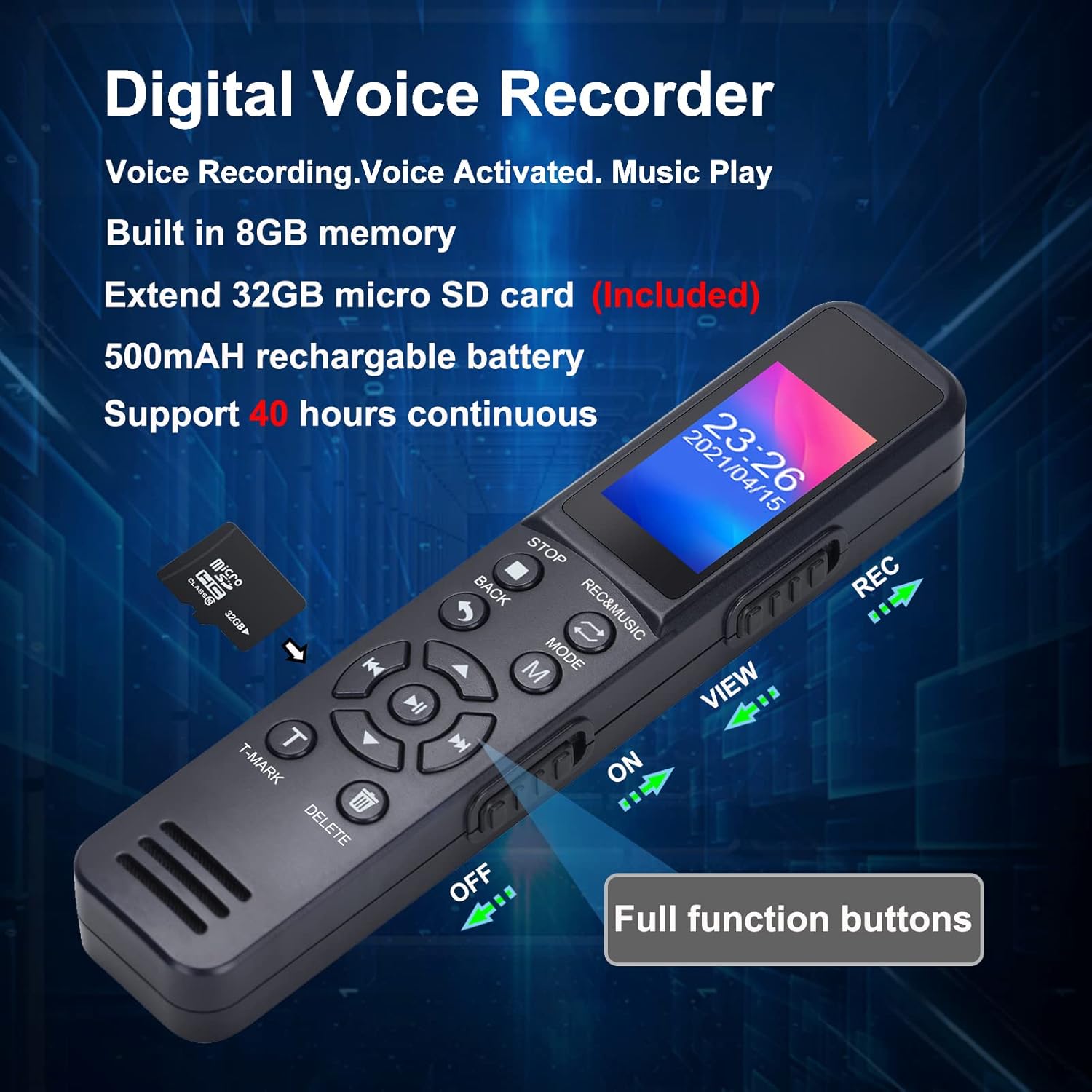 eoqo Digital Voice Recorder with power switch and full function buttons labeled