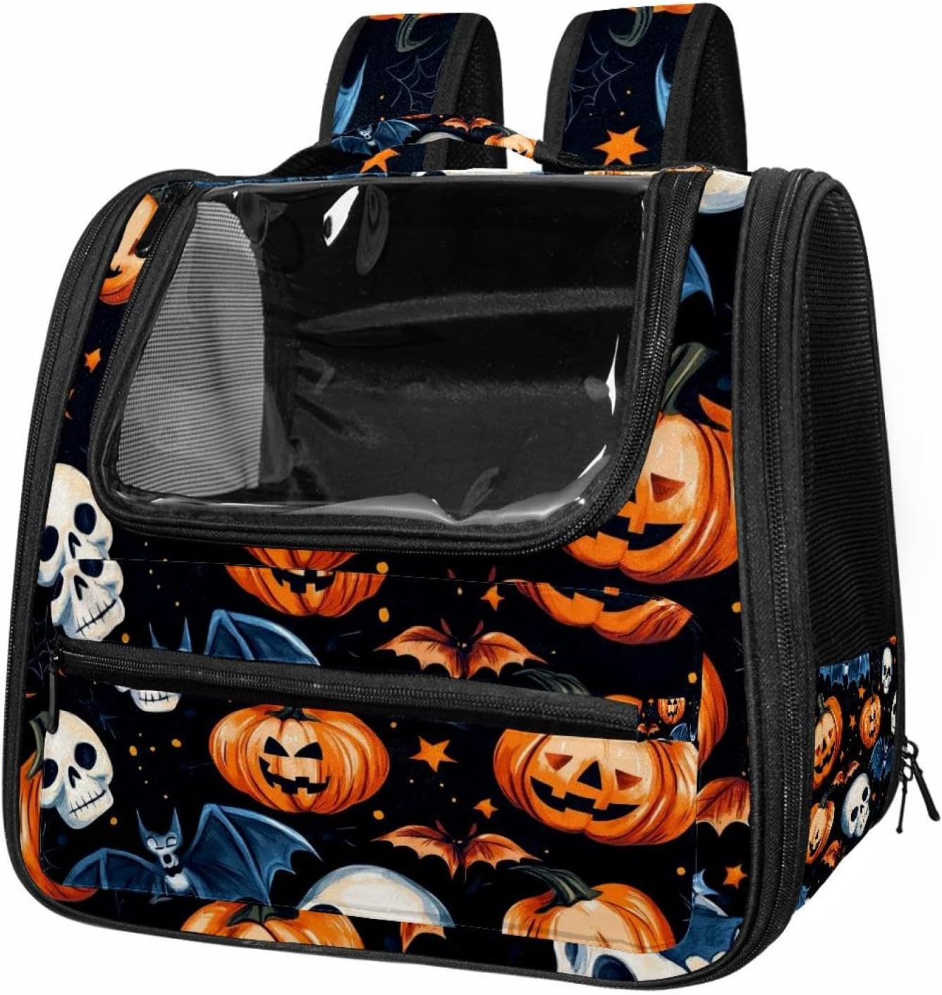 Portable Travel pet Backpack Carrier Hamster Bag Small Dog cat Carrier Breathable Hang Bag, Halloween Skulls Pumpkins Bats