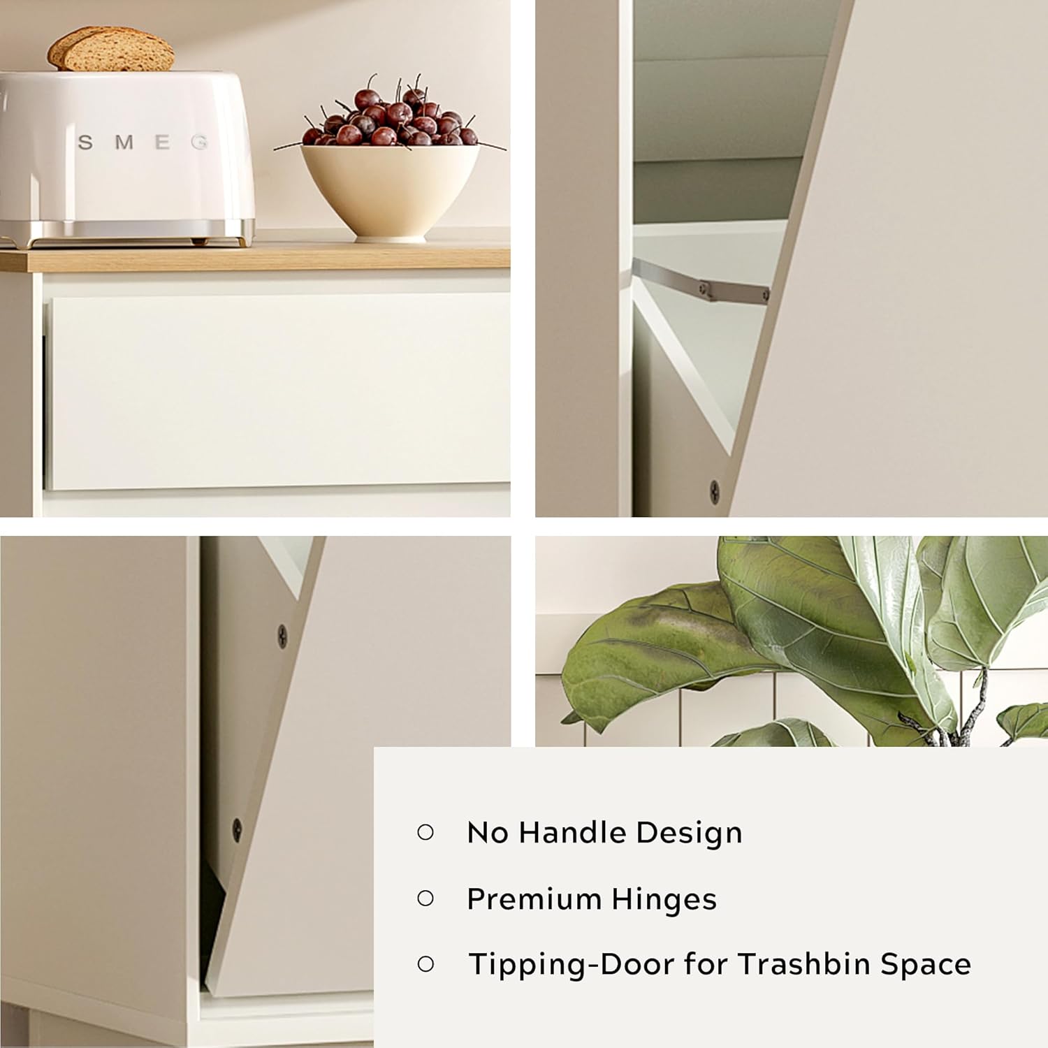 Tilt-Out Trash Cabinet, 10 Gallon Modern Wooden Trash Can with Drawer and Simple Handleless Design, Free Standing Can Holder for Bathroom and Kitchen, Ivory