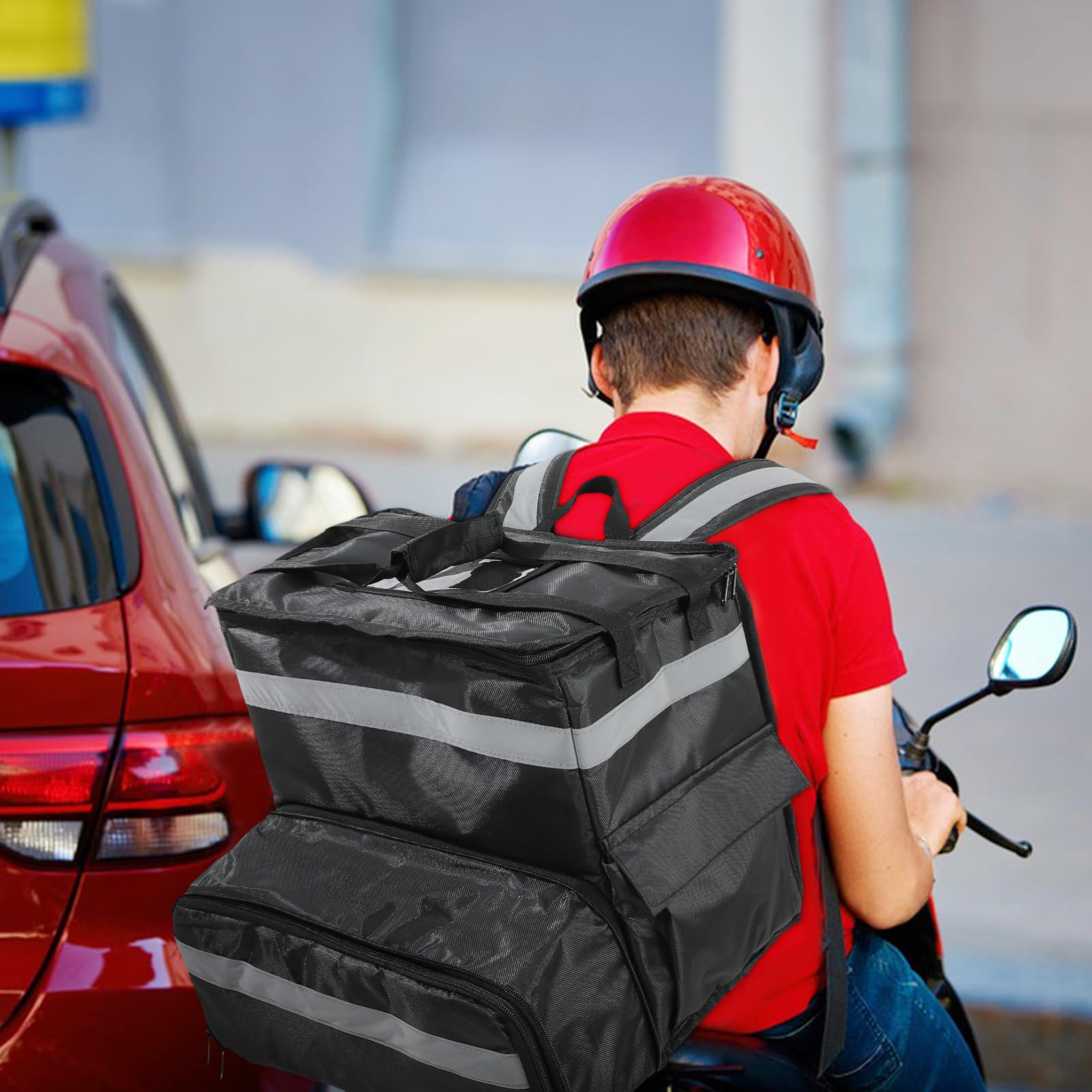 OUNONA Mochila Térmica de Viaje Negra de Oxford para Pizza | Capacidad Grande, Bolsillo Frontal Ampliable, Tiras Reflectantes, Interior Espacioso para Reparto y Camping