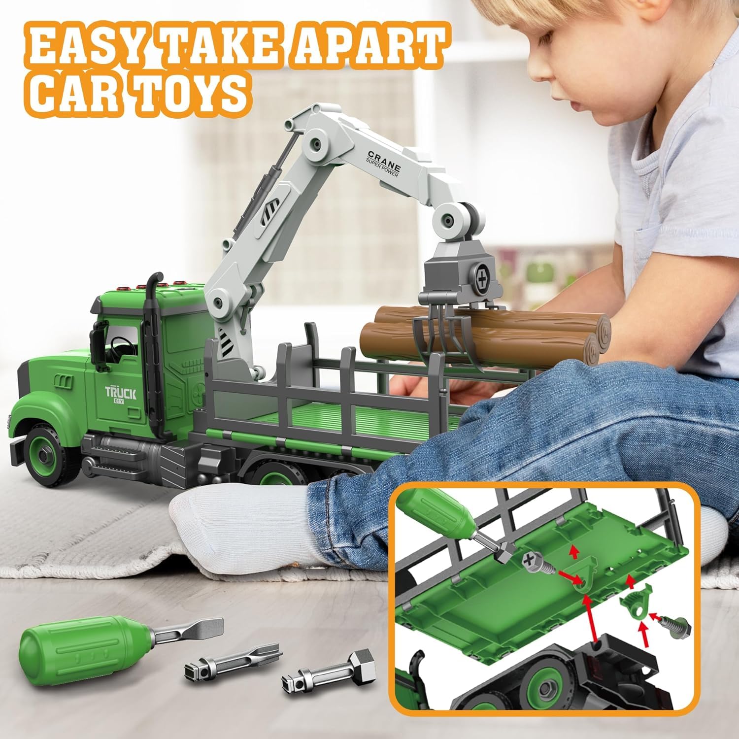 SOOFAM Tow Truck Toy,Crane Timber Truck Toys,Easy Assemble Toys with Lights and Sounds,Kids Toys for 3 4 5 6 7 Years Old Boys