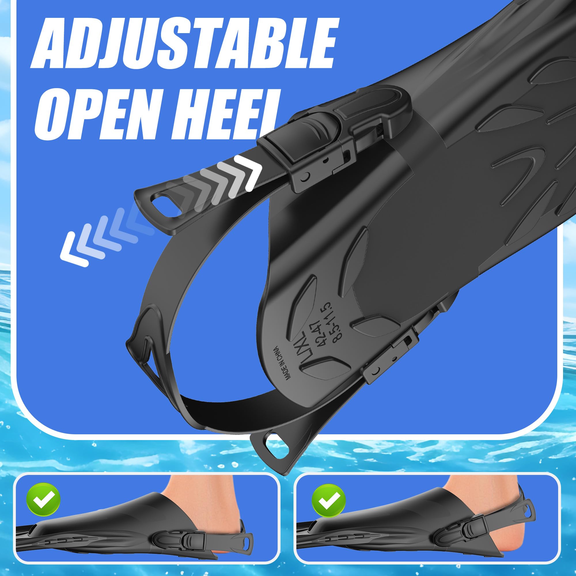 MELUMILU Snorkel Fins, Swim Fins Travel Size Short Adjustable for Snorkeling Diving Adult Men Women Open Heel Swimming Flippers: Black L/XL (US Men 8.5-11.5 / Women 9.5-12.5)