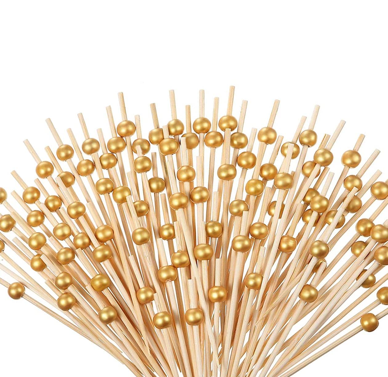 100 Pieces Bamboo Cocktail Picks, BetterJonny Wooden Toothpicks pearl Fruit Sticks for Wedding Birthday Party Supplies (gold beads)