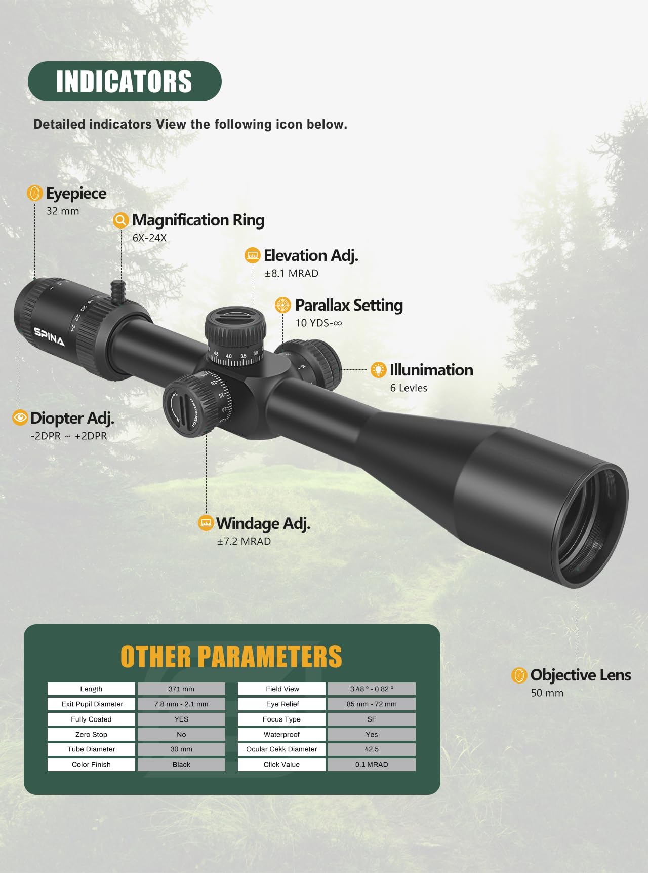 SPINA OPTICS 6-24x50E FFP II première Lunette de Fusil à Plan Focal avec Treillis de précision mrad Rouge et visière