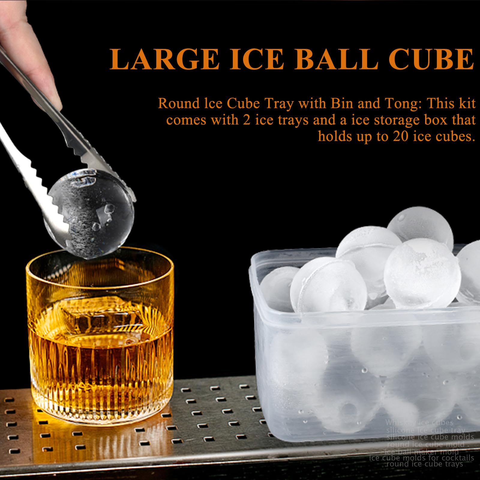 Bandejas grandes para cubitos de hielo con tapa y contenedor, 2 moldes grandes de 8 piezas x 1.9 pulgadas para cubitos de hielo redondos/círculos/esferas, molde de silicona para cubitos de