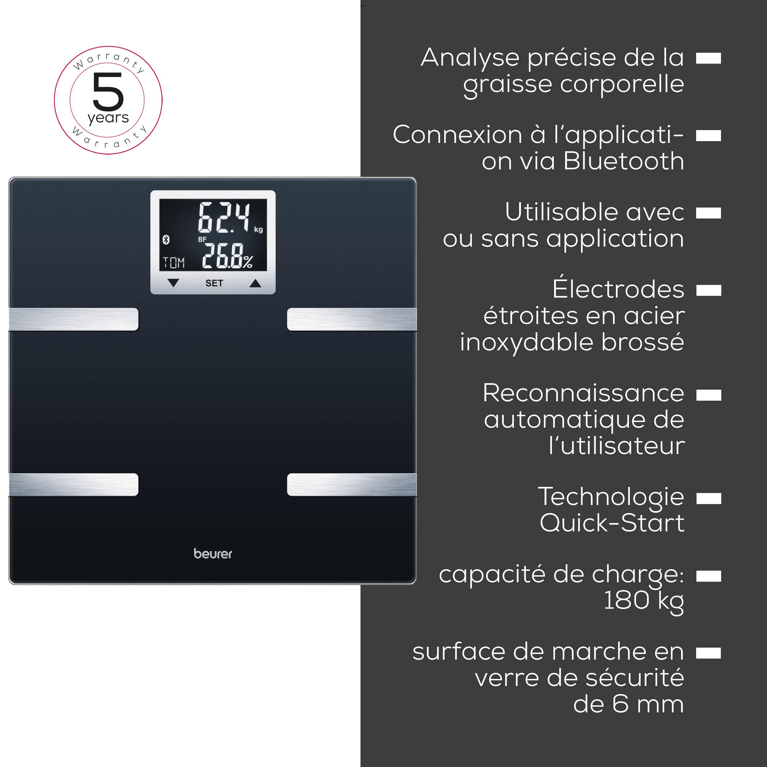 Beurer BF 720 Balance connectée Bluetooth avec APP, mesure poids, masse graisseuse, masse musculaire, besoins caloriques, noir
