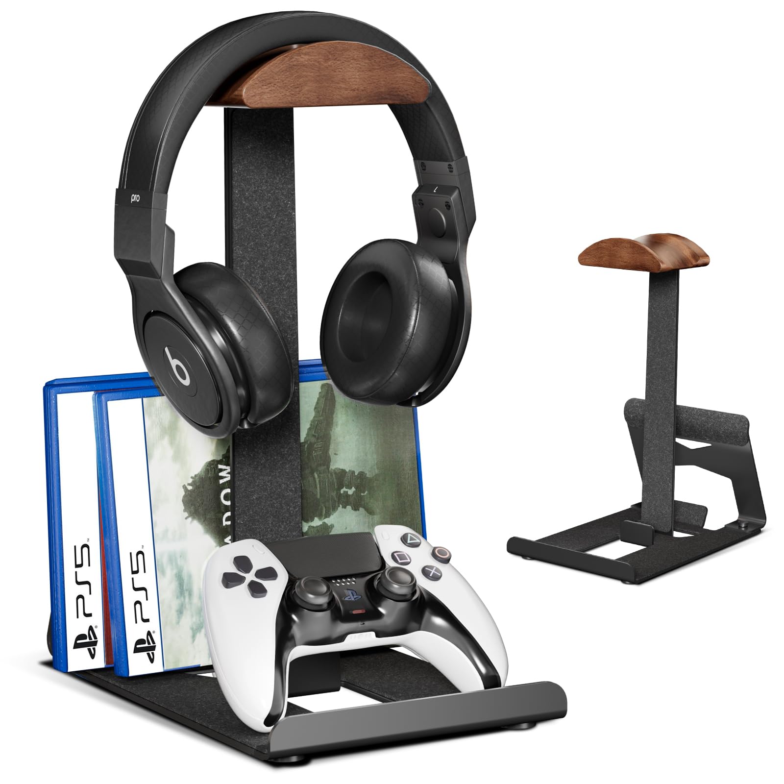 SupeDesk Headphone Stand with Controller Holder, Walnut & Metal Gaming Headset Stand, Multi-Device Desk Organizer for Gaming Headphones, Controllers,