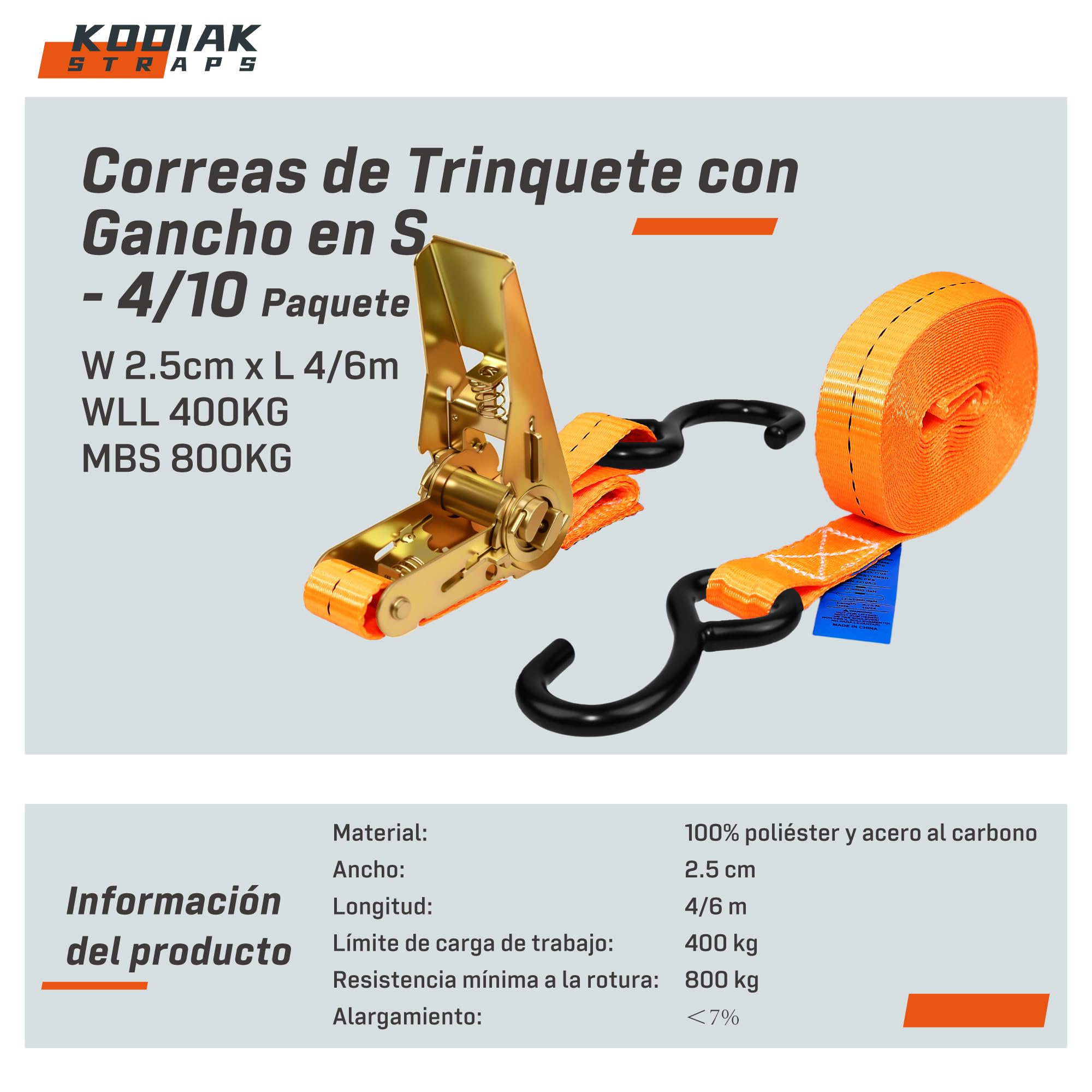 10 Correas Trinquete Gancho S 4m 25mm 800kg TÜV/GS Carga Segura