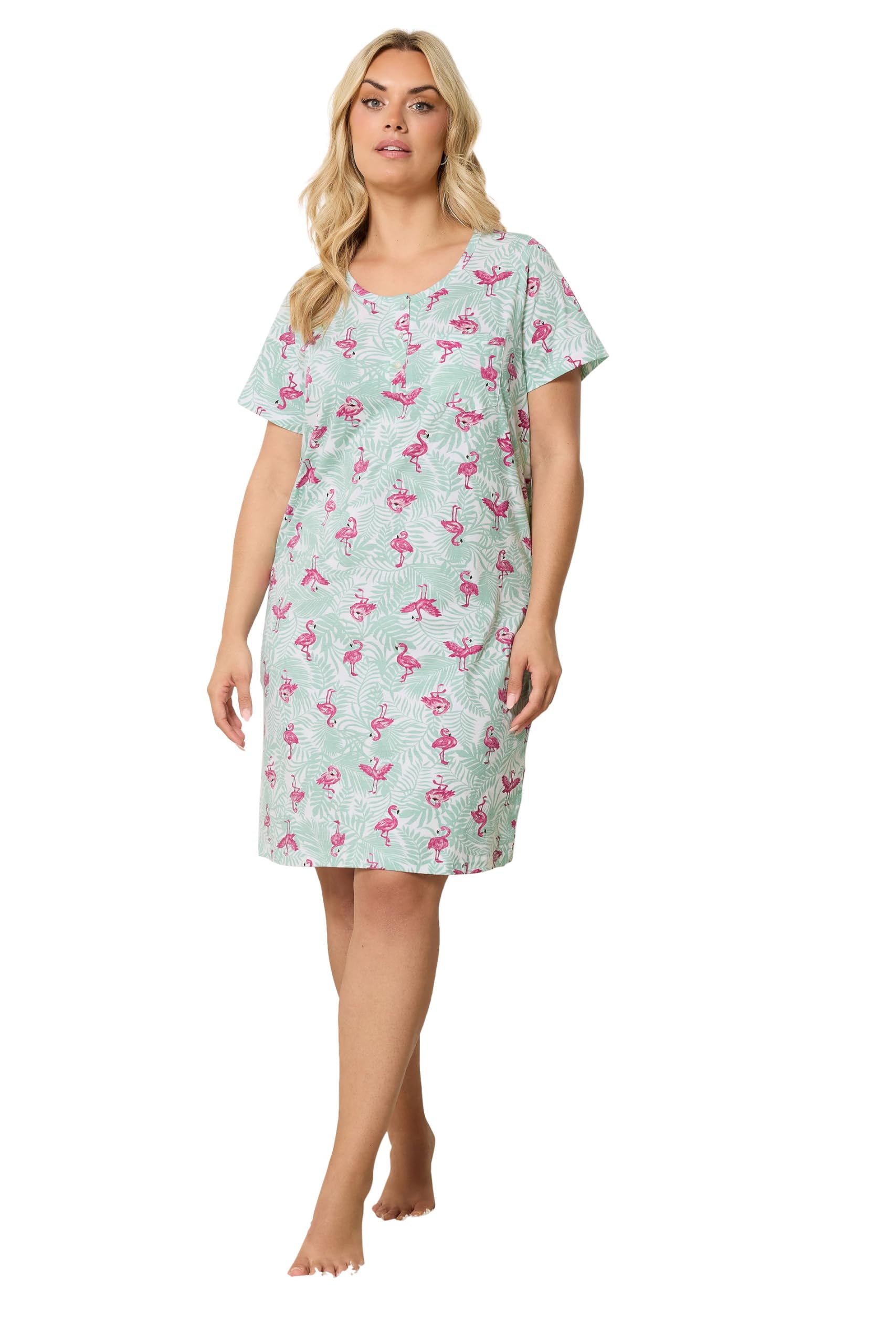 Yours Women's Flamingo Placket Nightdress in Light Green | Size: 18-20