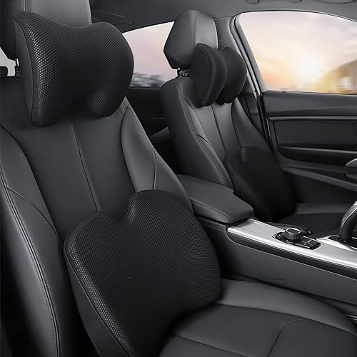 SPRFUFLY Make Relaxing - Almohada para reposacabezas de automóvil + almohada de apoyo lumbar para automóvil, 100% espuma viscoelástica con funda