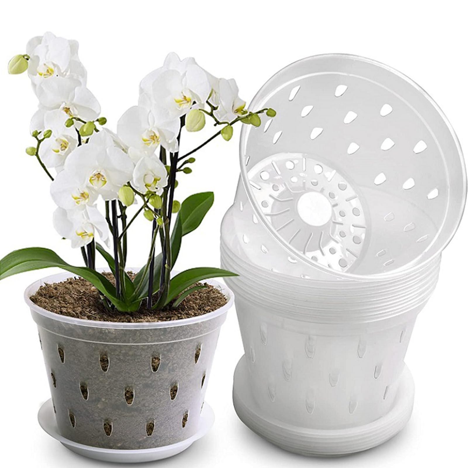 Altsuceser 14Cm 2Pcs Clear Orchid Pot Orchid Pots Flower Planters Plastic Orchid Pots With Holes And Saucers Plastic Flower Plant Pot Breathable Slotted Orchids Planter Flower Plants Gardening Pots