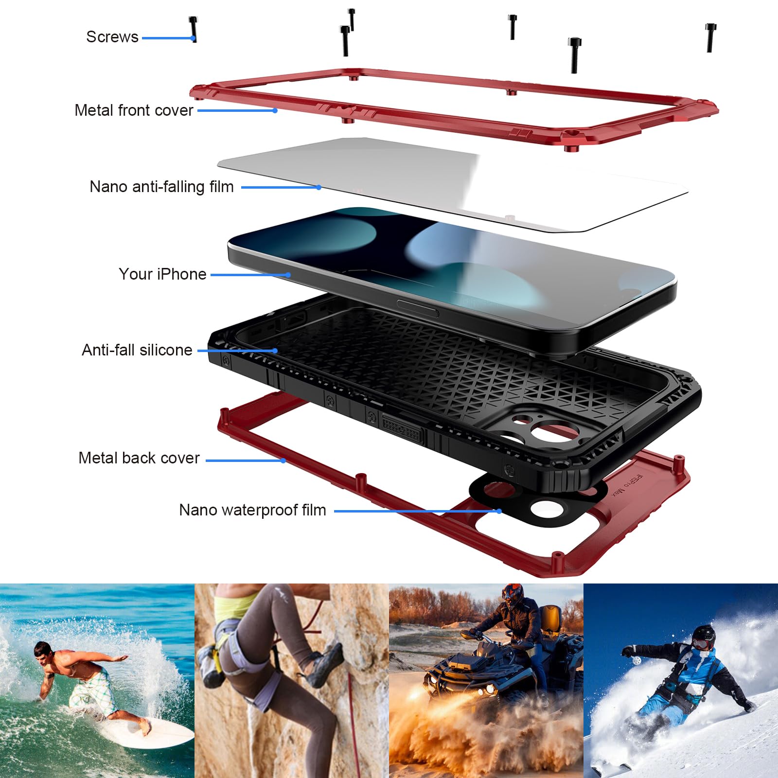 Custodia impermeabile per iPhone 15 Pro Max, custodia protettiva integrale in metallo resistente, antiurto, antipolvere, robusta, di grado militare, per iPhone 15 Pro Max, rosso