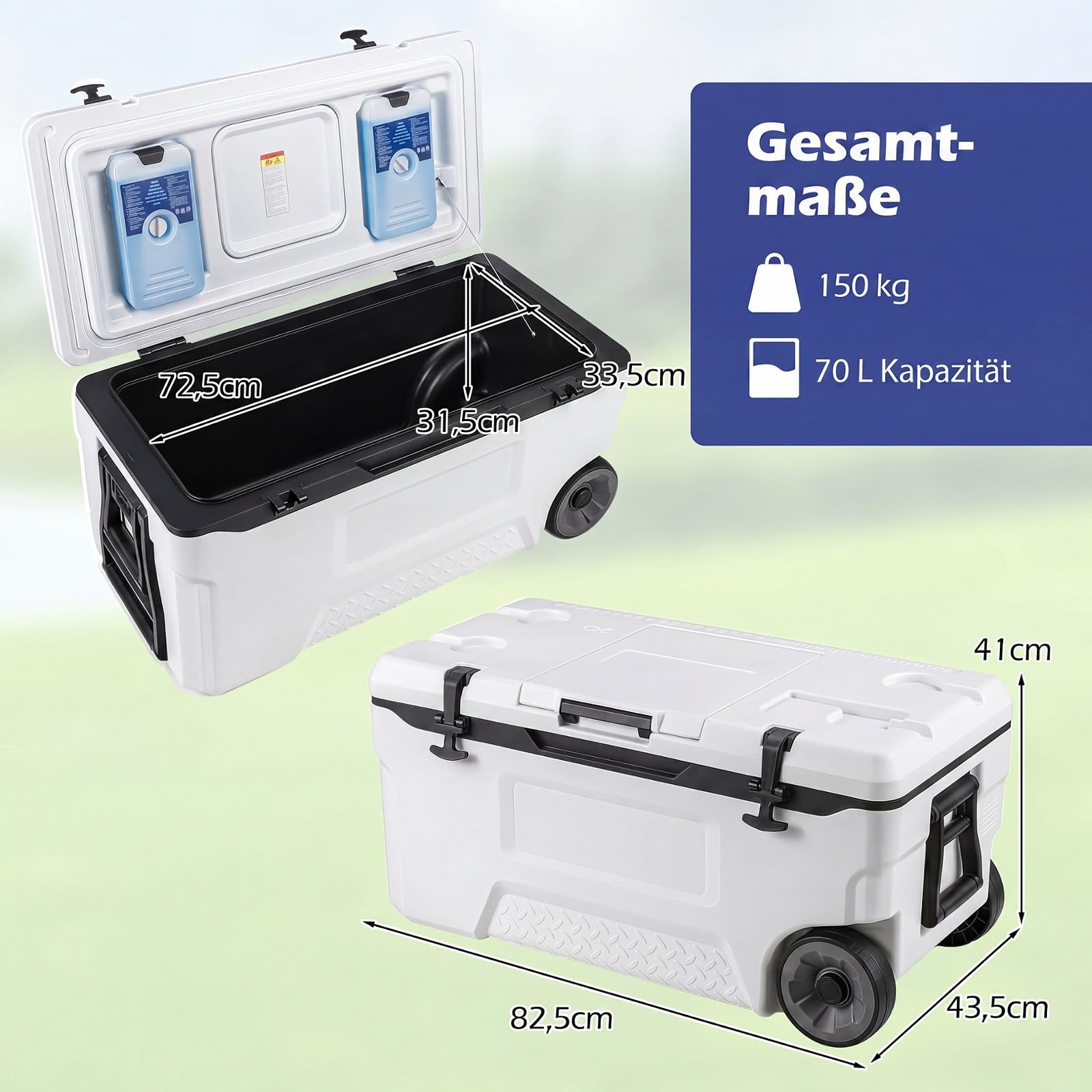 COSTWAY Kühlbox, Große Thermobox aus Kunststoff mit Rollen & Griff, Isolierbox mit Ablaufstopfen, Getränkehalter & Sicherheitsverschluss, tragbarer Kühlschrank für Camping & Picknick