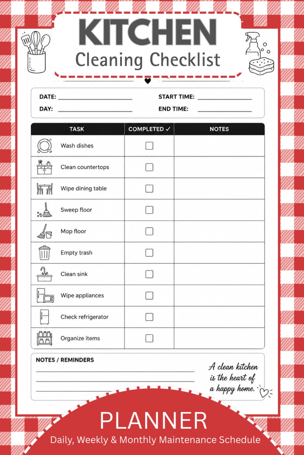 KITCHEN Cleaning Checklist PLANNER: Daily, Weekly & Monthly Maintenance Schedule