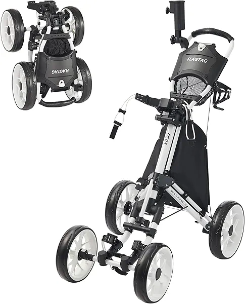 FLAGTAG Golf Push Cart 4-Wheels,Folding Golf Cart, Golf Pull cart with Cup Holder,Umbrella Holder,Cooler Bag, Foldable with one-Click,Handle Height Adjustable,Drink Holder,Walking Push cart
