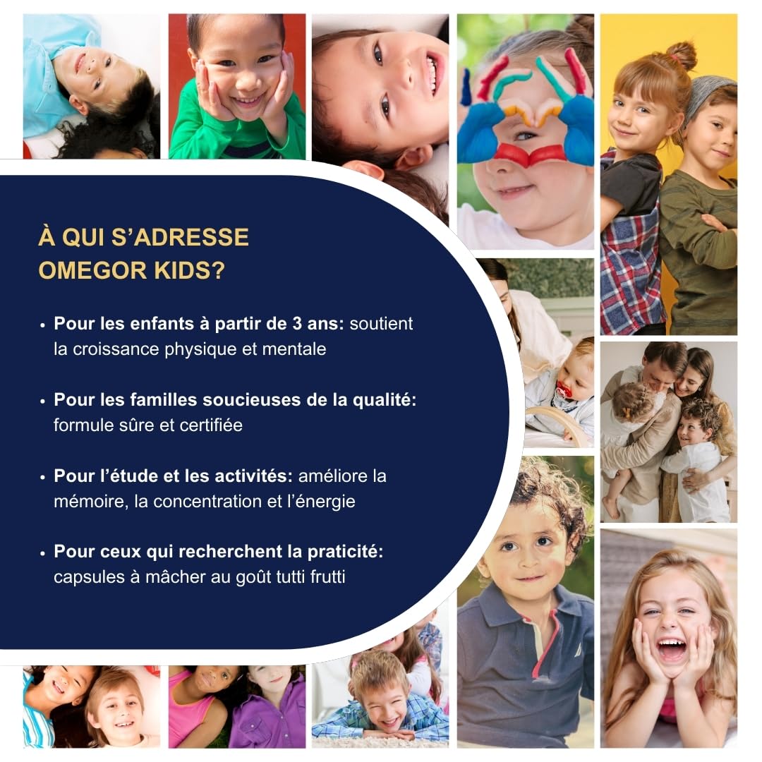 Gélules Omegor Kids | 250 mg d'oméga-3 DHA pour les enfants | Gélules molles exquises à croquer, créées à partir de gélatine de poisson | Goût sucré - Saveur délicate multifruits, 60 gélules
