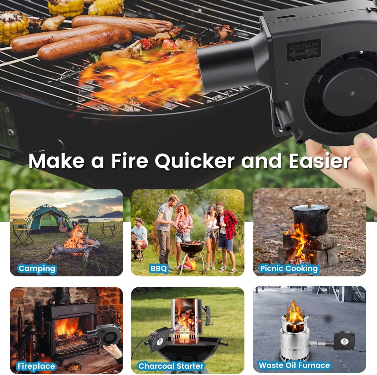 GDSTIME 120mm x 32mm Blower Fan 12V with 110V 120V AC Powered Variable Speed Controller, Dual Ball Bearing Squirrel Cage Centrifugal Fans, Small Charcoal Starter for BBQ, Smokers, Inflatables