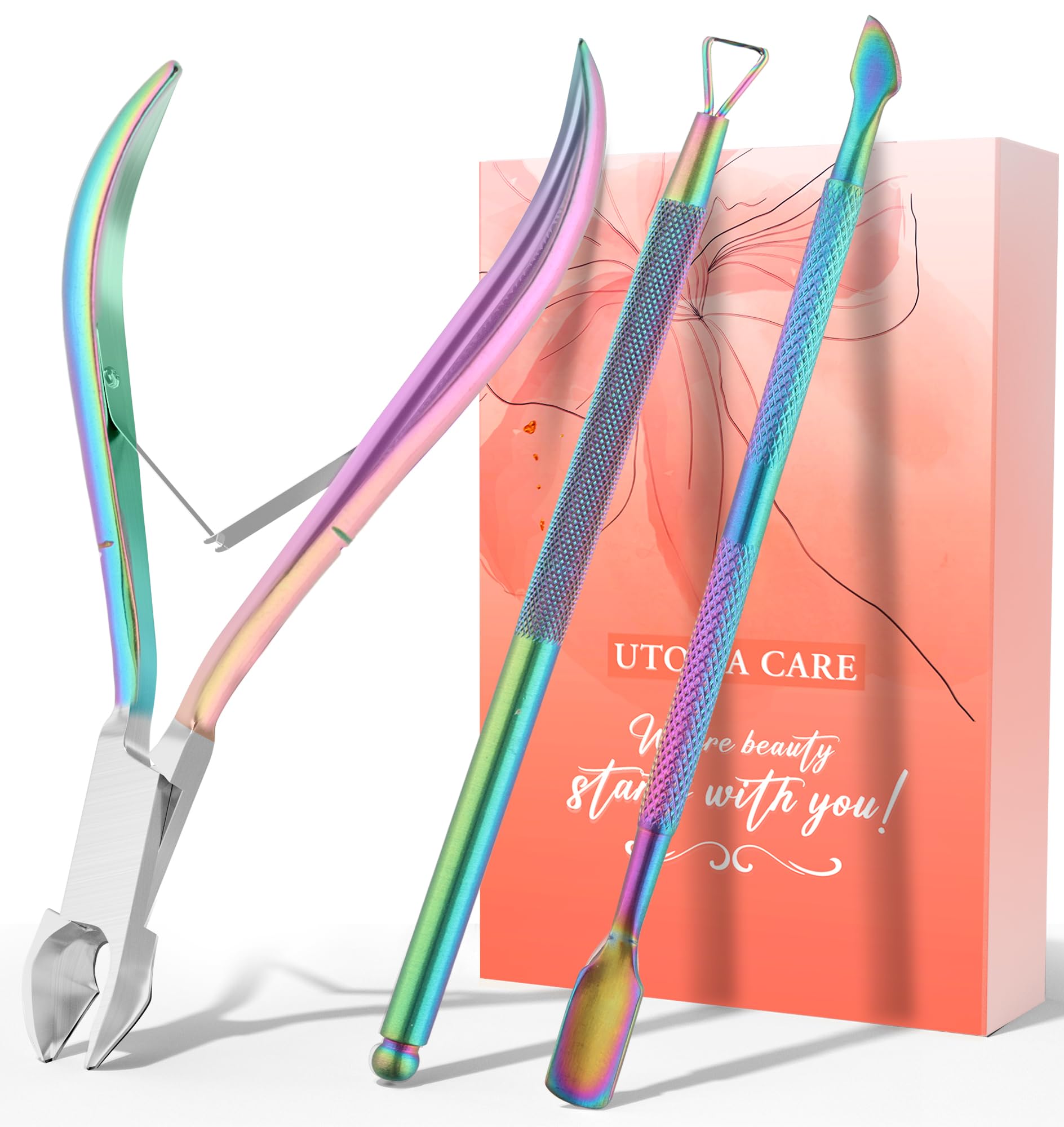 Utopia Care Cuticle Trimmer with Pusher, Nail Trimmer Set, Professional Manicure & Pedicure Kit, Cuticle Remover Tool Kit, Rainbow