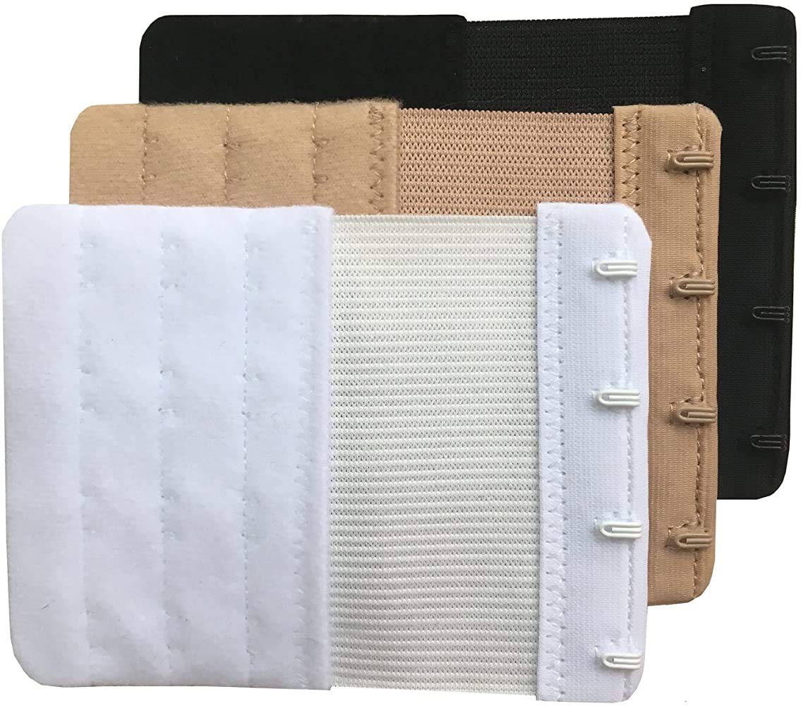 Women's Bra Hook Extender With Elastic 4-Hook,Black,White Beige Pack of 3, One Size
