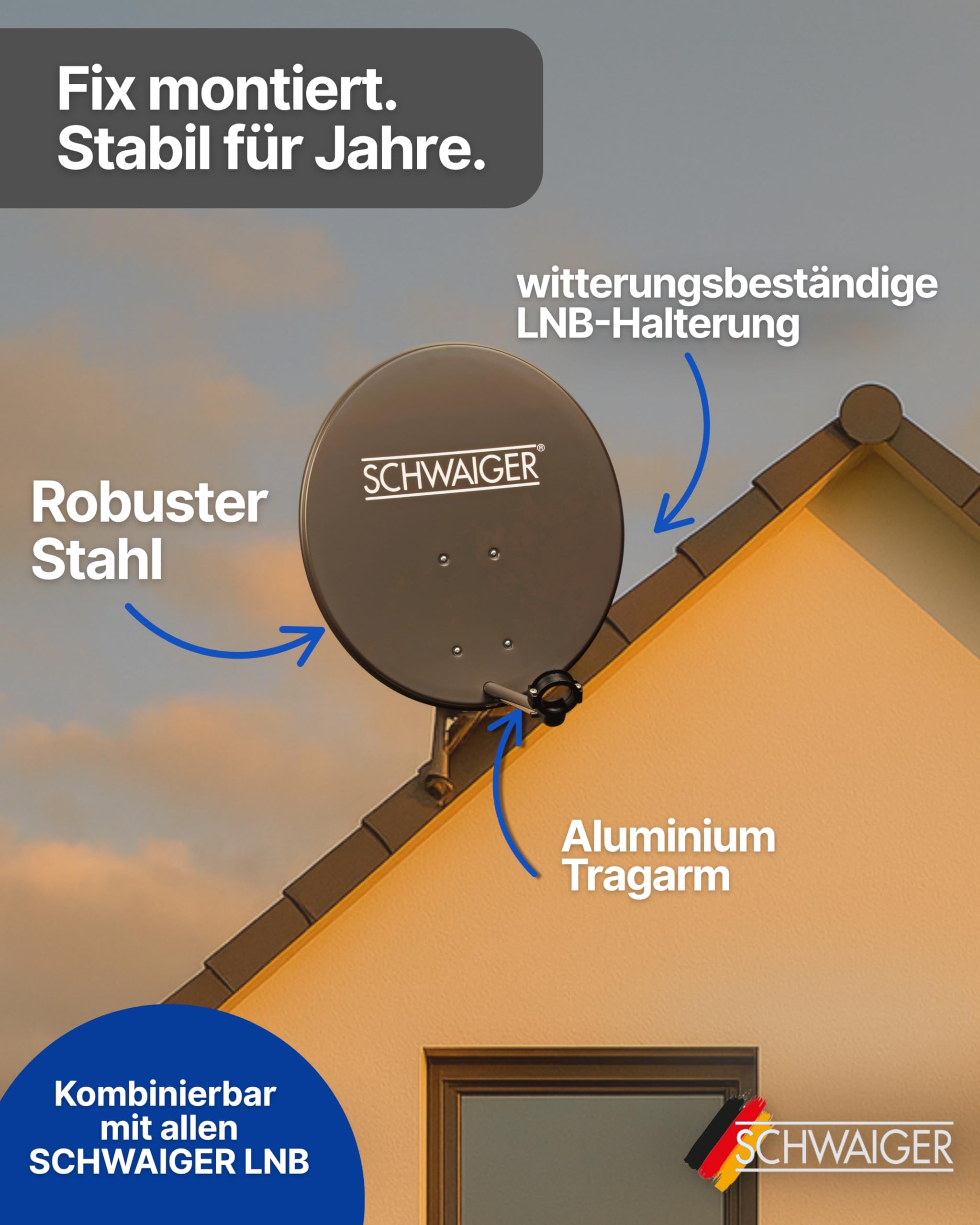 SCHWAIGER Satellitenschüssel Komplettset I Ø 60 cm Stahl Offset Antenne in anthrazit I Inkl. sonnengeschütztes Single LNB, HD SAT-Receiver mit Fernbedienung & Koaxialkabel I Digital HD Empfang