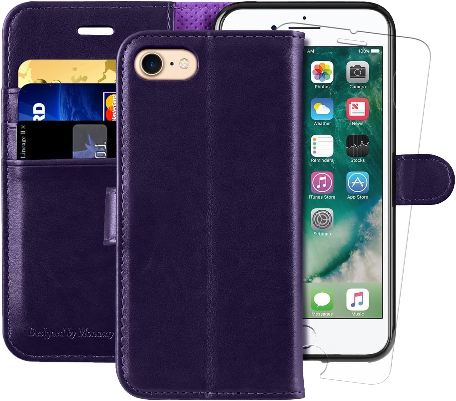 MONASAY iPhone SE 2022/2020 5G Case,iPhone 8 Wallet Case, iPhone 7 Case,4.7-inch, [Glass Screen Protector] Flip Folio Leather Cell Phone Cover with Credit Card Holder for Apple 7/8/SE2/SE3,Purple