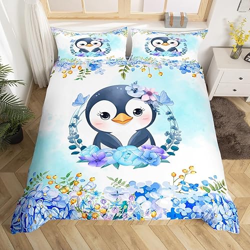 Manfei Juego de funda de edredón de pingüino de dibujos animados para niños, tamaño King, bonito juego de ropa de cama de animales de poste ártico,