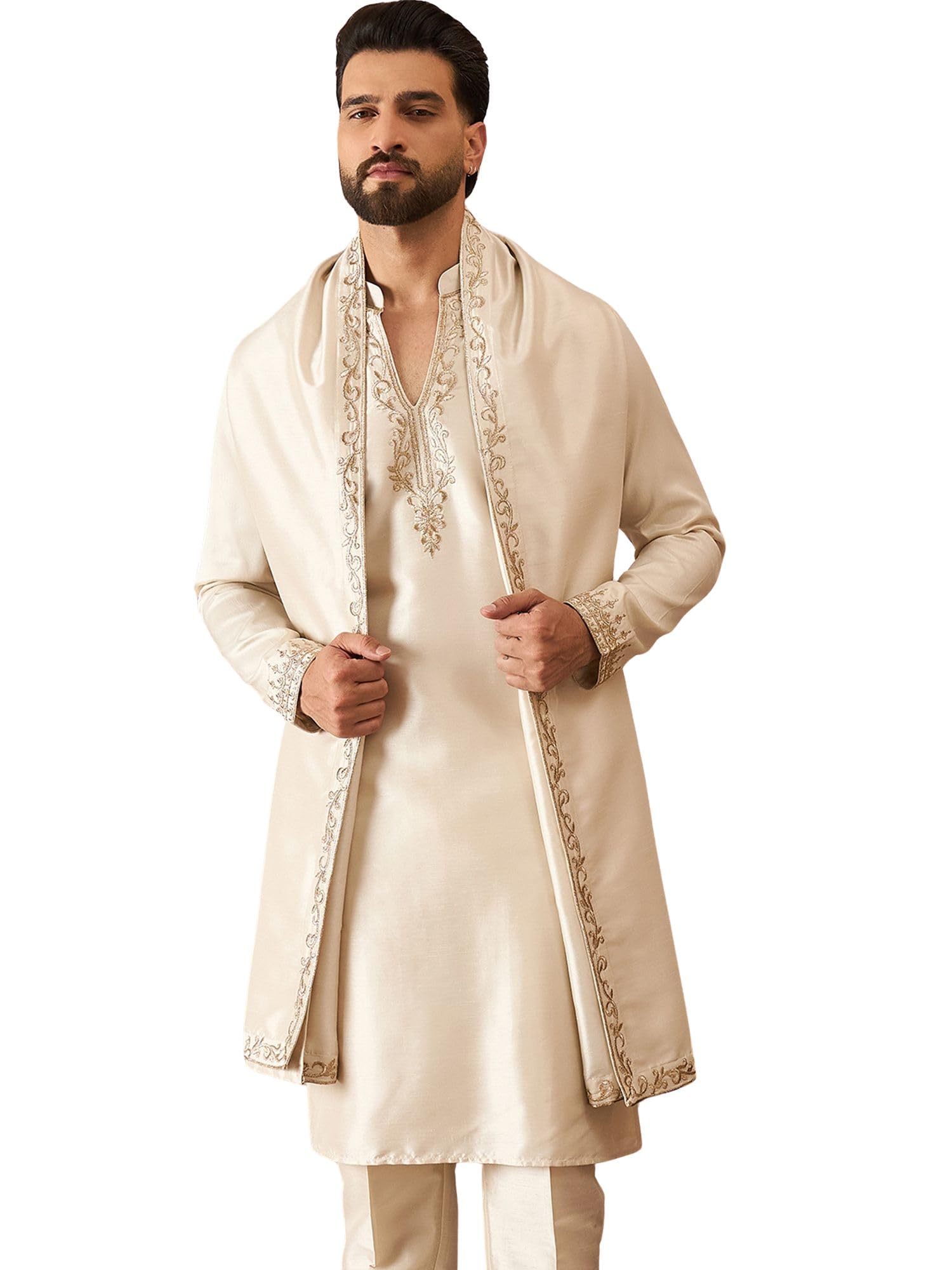 Men'S Off White Silk Blend Embroidered Design Calf Length Kurta Set | Men'S | Solid Design Kurta Set For Men | Straight Fit Kurta For Men-image-43