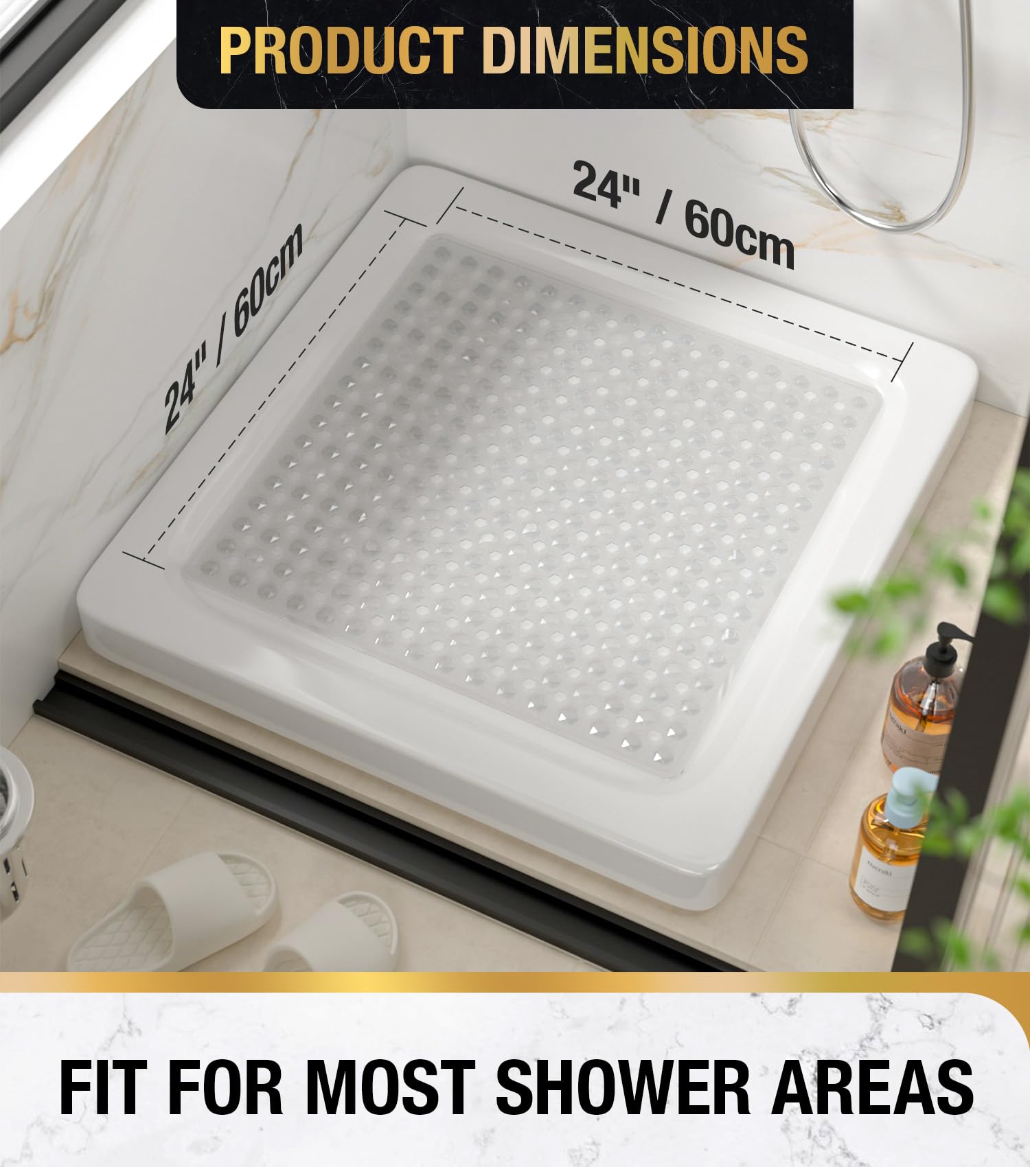 HITSLAM Tapis de Douche Antidérapant, Carré Tapis de Bain avec Ventouses 60x60cm sans BPA, Tapis de Baignoire Résistant à la Moisissure et Lavable en Machine, Transparent