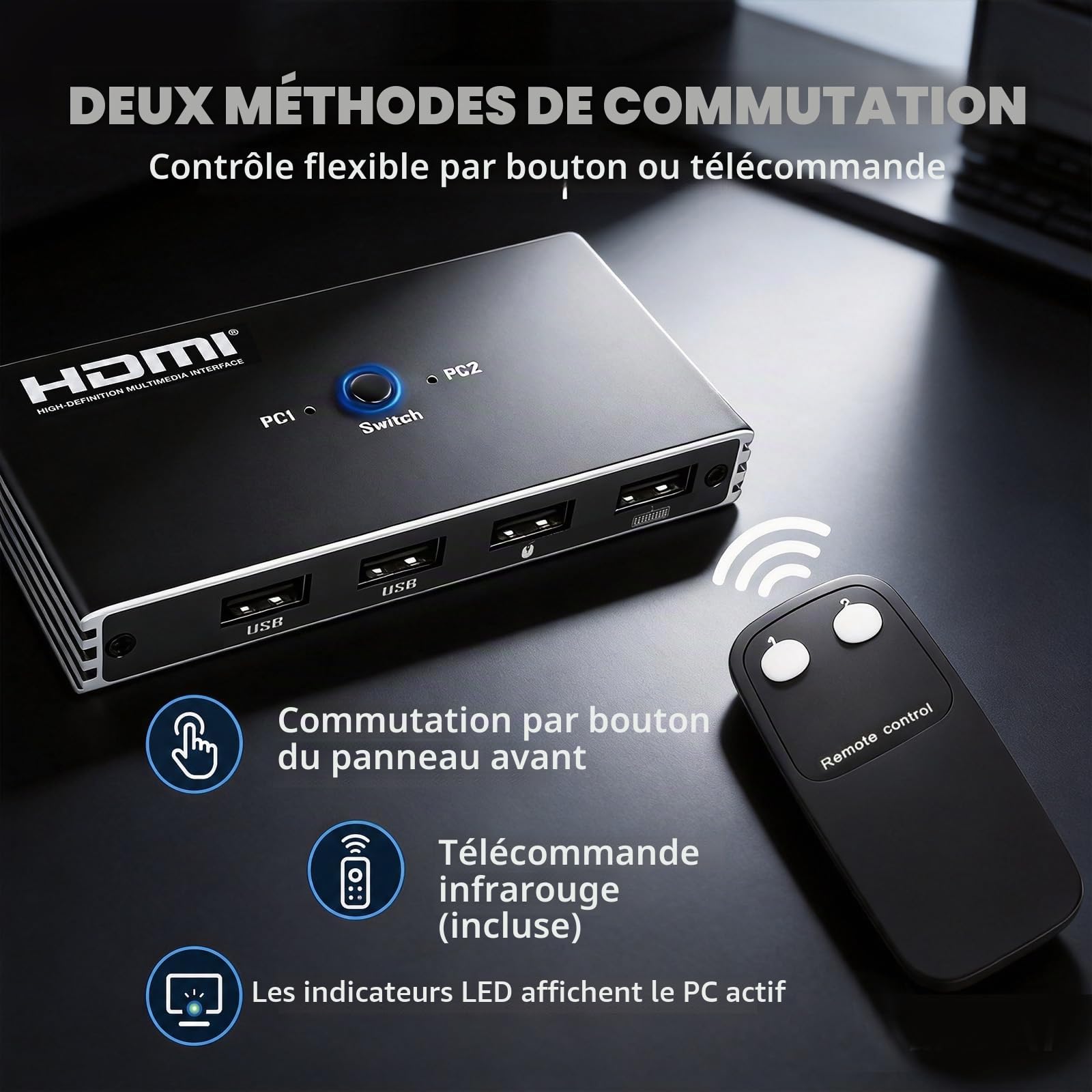 Commutateur KVM HDMI 2 PC 1 moniteur 4K 60 Hz KVM Switch pour 2 in 1 out | Plug&Play, 2 entrées 1 sortie, USB 2.0, télécommande IR incluse, idéal pour gaming, stable & fiable