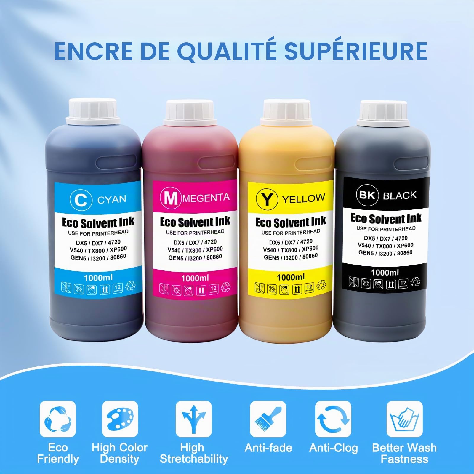 Eco Solvent Encre 1000ml pour Eco Solvent Ink pour Epson DX4 DX5 DX7 DX9 DX10 DX11 XP600 TX800 I3200 I1600 Tête d'impression(Noir, Magenta, Cyan, Jaune)