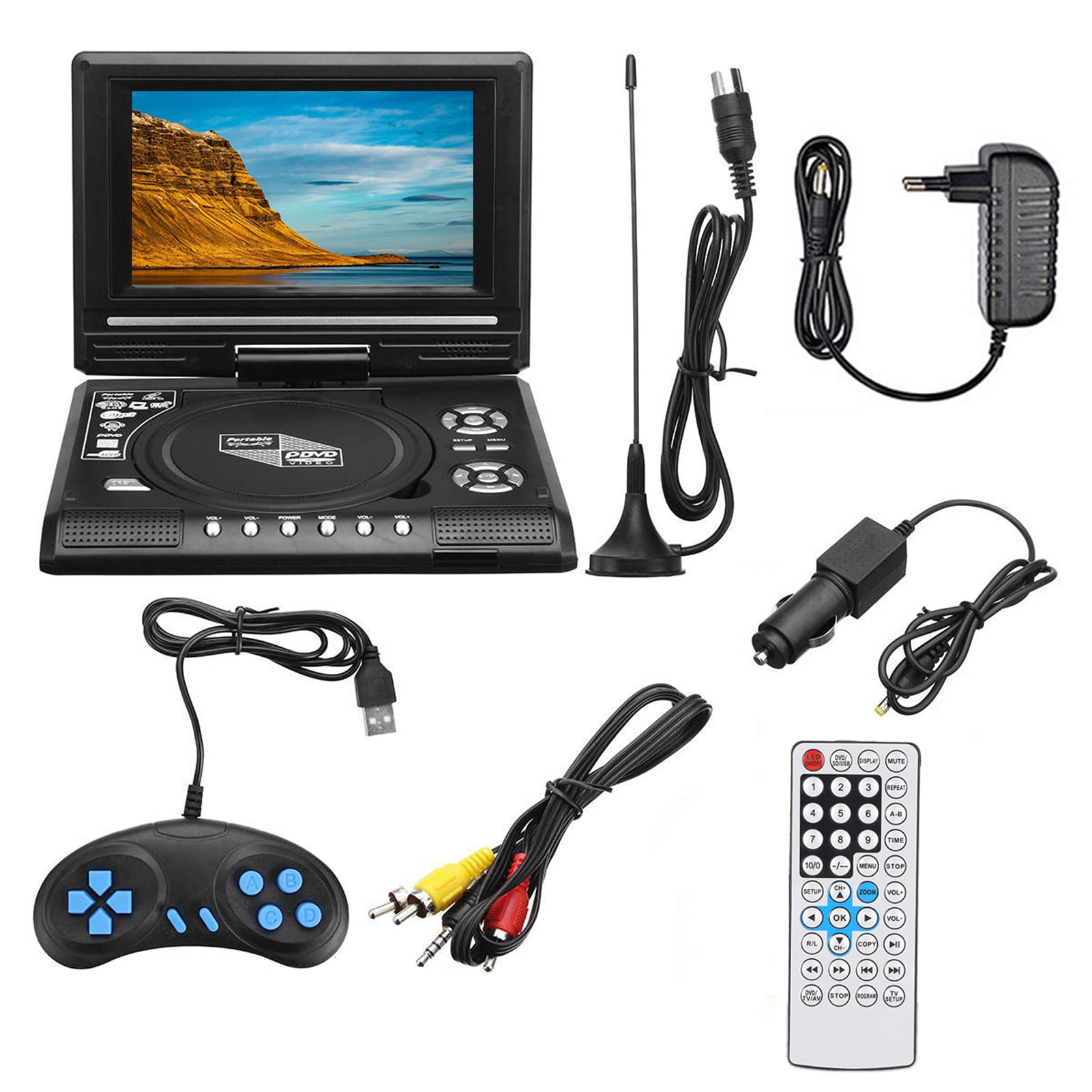 Lecteur DVD Portable 7,8'' Écran Rotatif 270° Batterie Rechargeable USB/CD/AV Noir