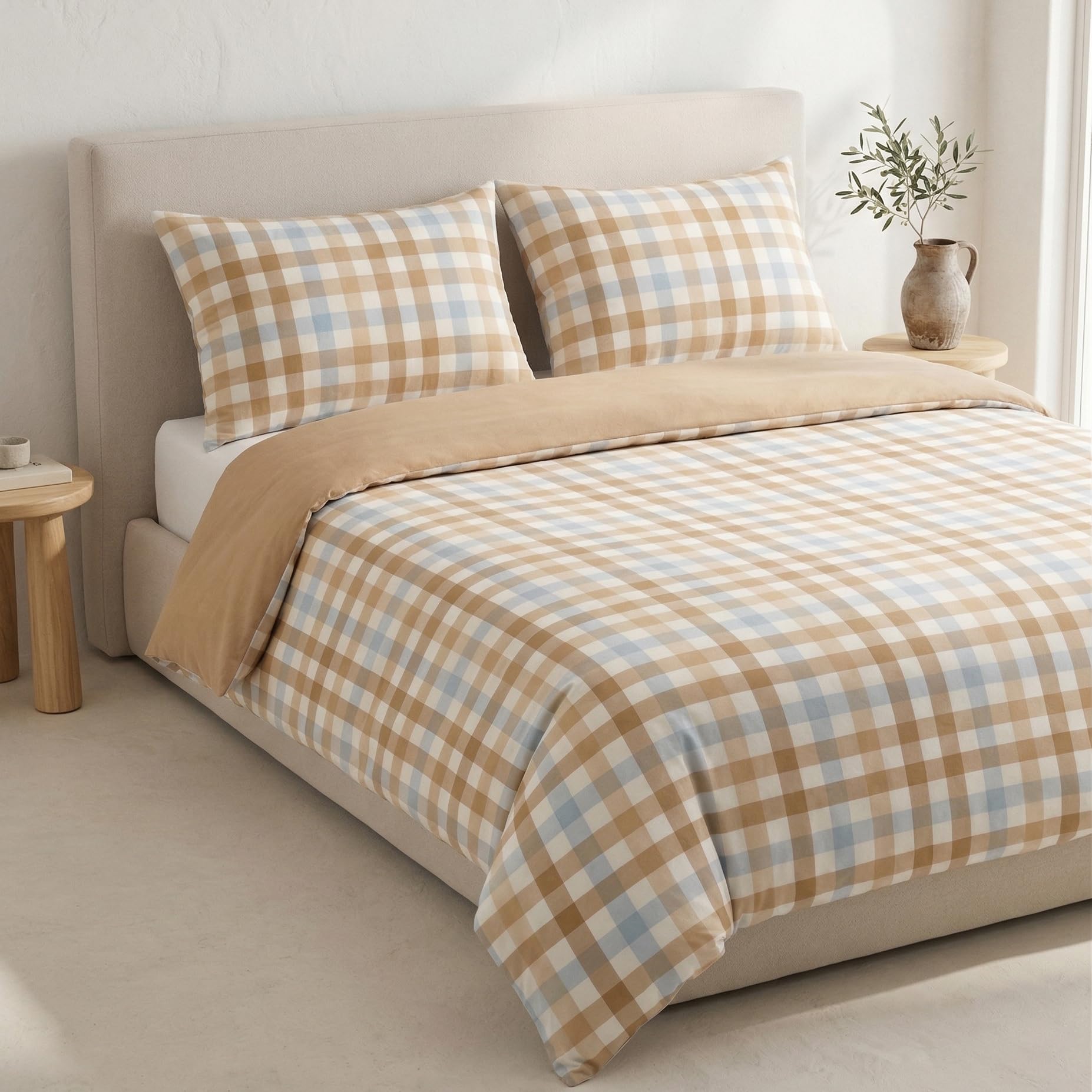 100% Cotton Vichy Check Duvet Cover Set for 135/140 cm Bed, with Pillowcases, Multi-Colour, Reversible, No Filling Included.