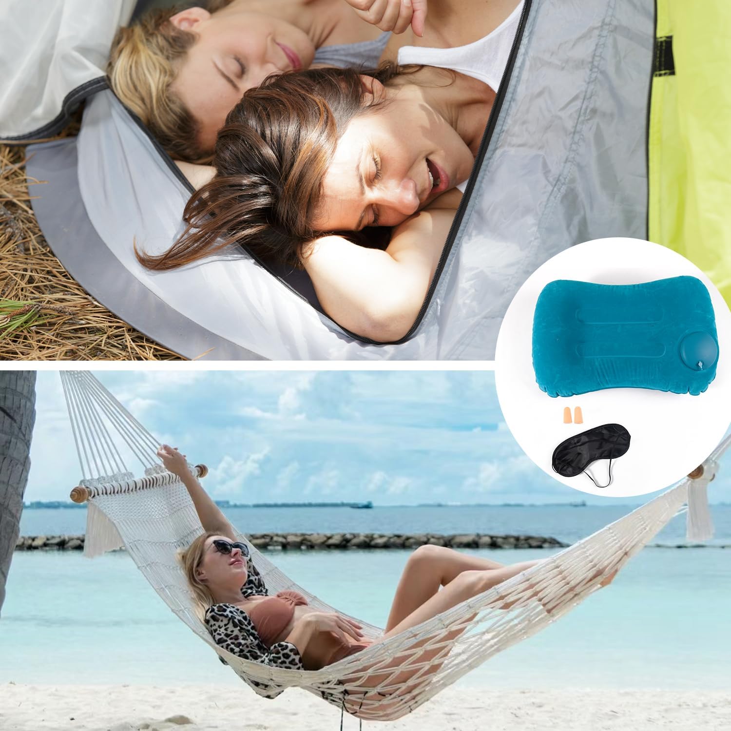 Cojín inflable de camping, almohada de viaje inflable para el cuello, almohada de playa ultraligera con bolsillos de almacenamiento, máscaras para dormir y tapones para los oídos, cojines inflables