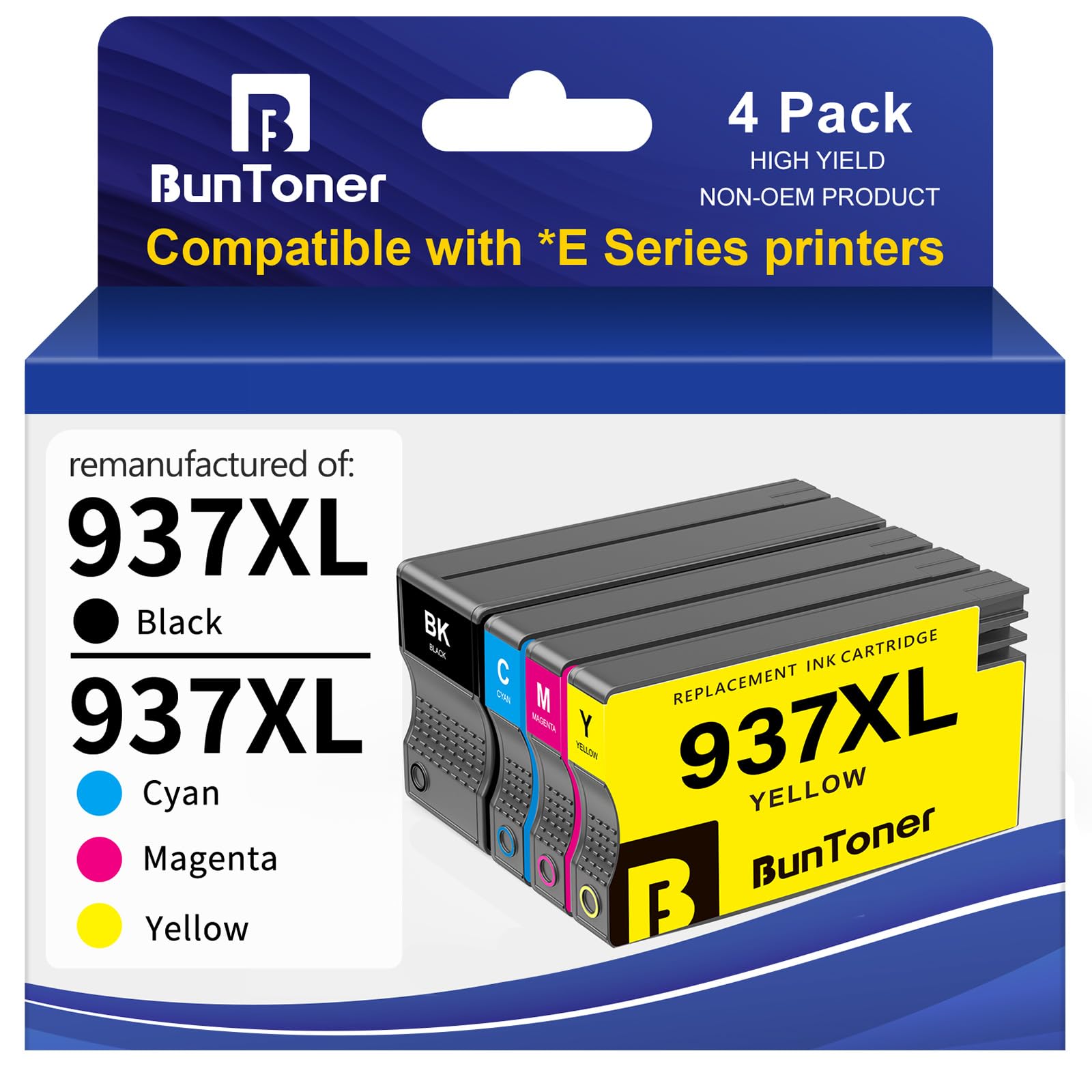 BunToner 937 XL Cartuchos de impresora compatibles con HP 937XL Multipack para HP OfficeJet Pro 9120e 9122e 9720e 9730e 9117b 9110b 9120b 9130b‎‎‎‎‎‎‎‎(4 unidades)