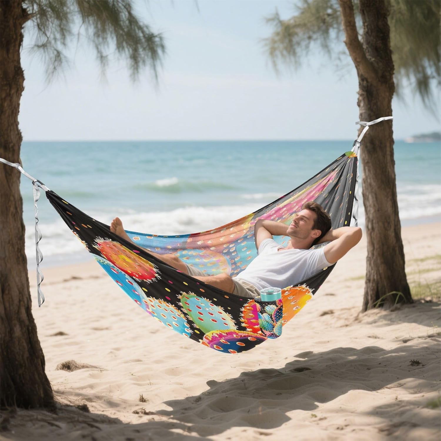 ALAZA Rainbow Cactus Cacti Polka Dots Camping Hammocks Single or 2 Person 500 lbs Portable Parachute Travel Hammock w/Tree Straps for Hiking Backpacking Indoor Outdoor