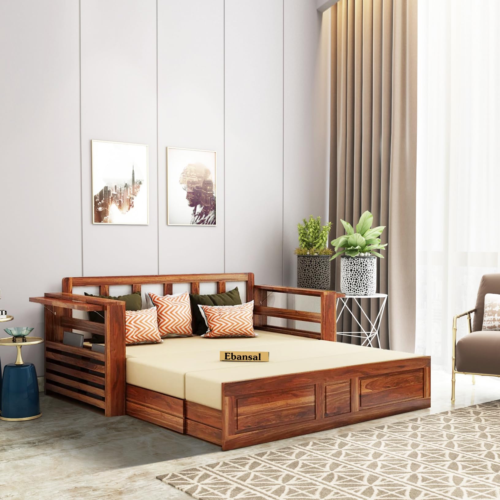 EBANSAL Wooden Bed for Bedroom | Solid Wood Unique Sofa Cum Bed | Sheesham Wood,Brown Honey Finish