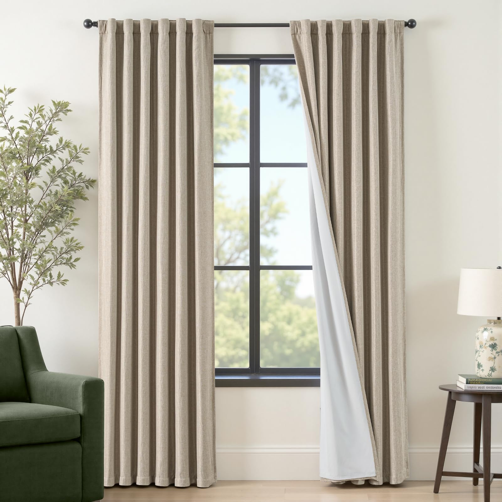 Photo 1 of 100% Blackout Curtains for Bedroom Decor Beige Linen Textured Insulated Thermal Curtains with Blackout Lining Living Room Curtains 84 Inch Long Noise Reducing Drapes Back Tab Window Drapes 2 Panels