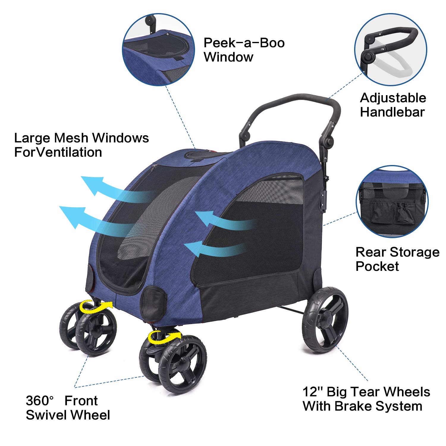 IREENUO Dog Stroller, Four Wheeled Dog Pram Foldable Carts Pet Pushchairs for Medium Large Dog Travel Pet Supplies