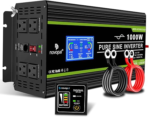 Novopal Inversor de corriente de onda sinusoidal pura de 1000 W, convertidor de corriente de 12 V CC a 110 V120 V CA, 4 salidas de CA, inversor de