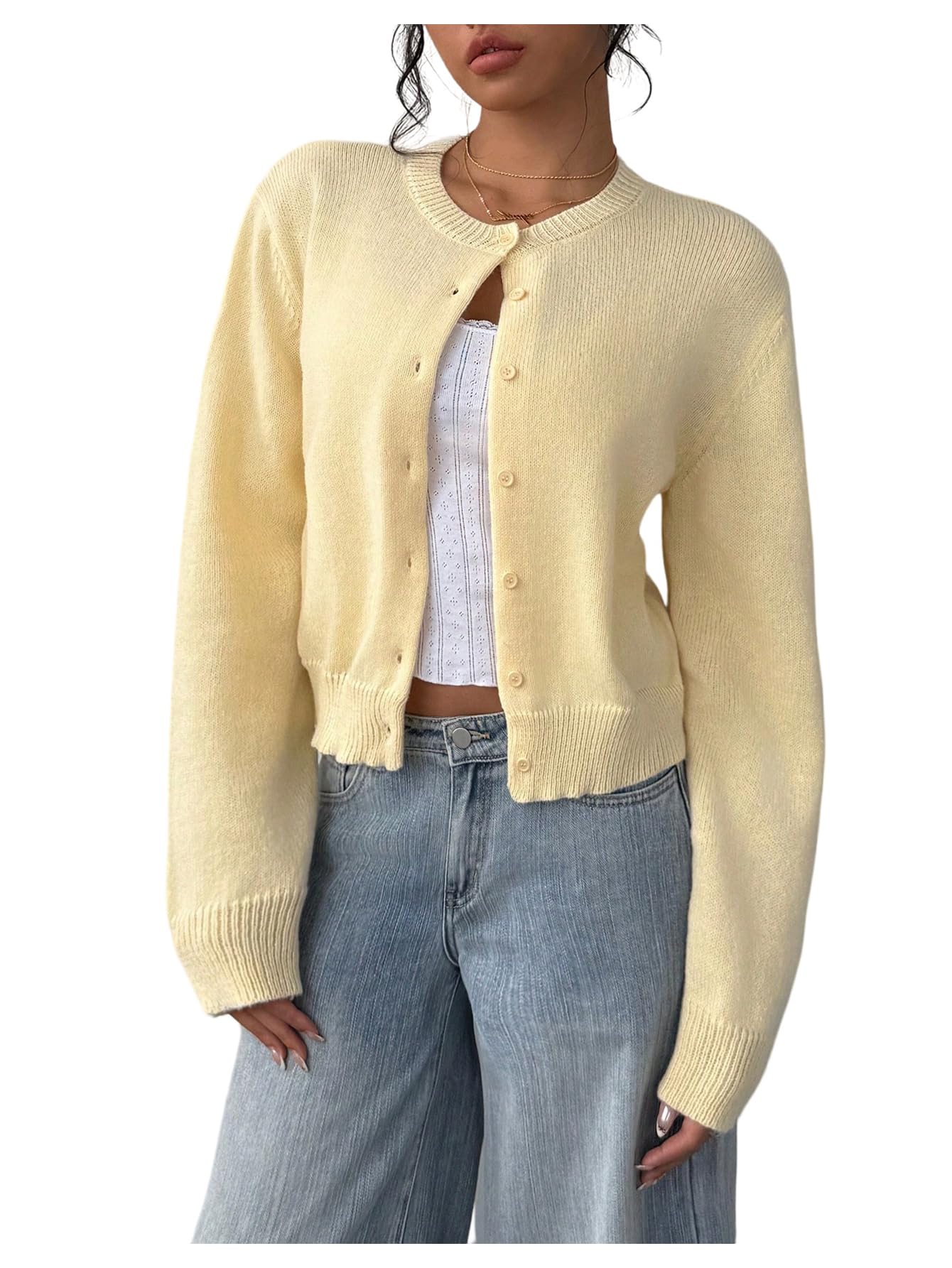 Verdusa Womens Plus Size Button Down Cardigans Crew Neck Long Sleeve Lightweight Knitted Sweaters Winter Clothing
