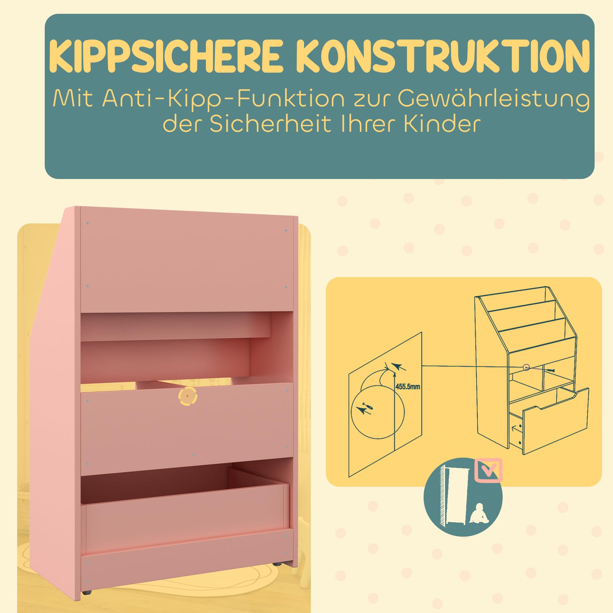 HOMCOM Kinder Bücherregal Kinderregal mit Schublade, 3 Ablagefächern und 2 offenen Fächern, Aufbewahrungsregal für Kinderzimmer, Spielzimmer, Rosa, 60 x 29,9 x 90 cm