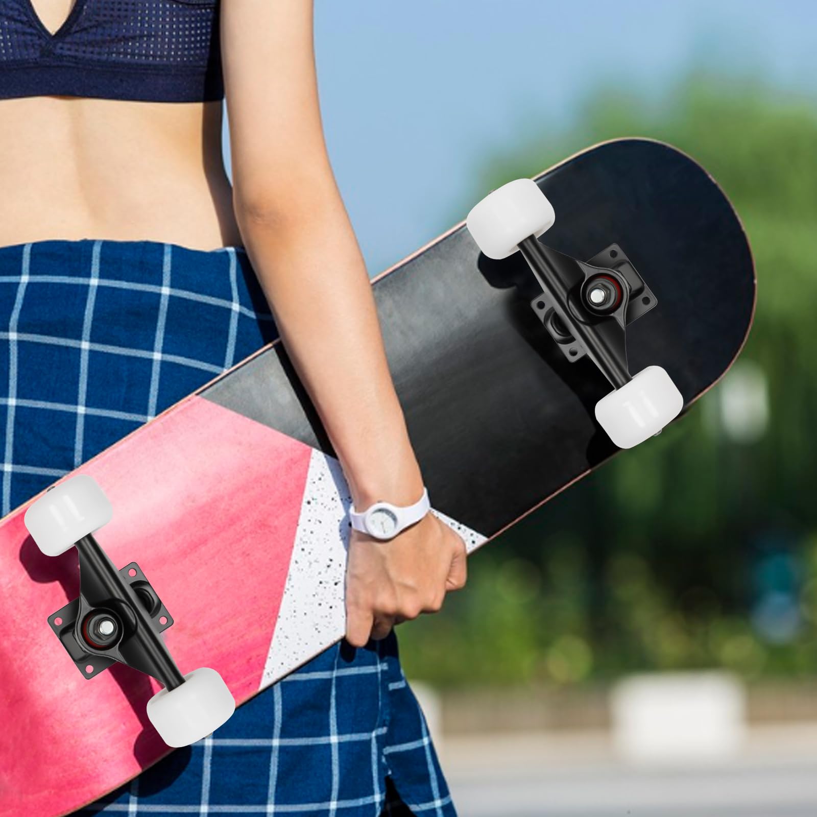 Bacacoo Skateboard Trucks Combo Set, Cruisers Wheels with Trucks, Skateboard Trucks and Wheels Set, for Highways, Concrete Roads, and Other Smooth Surface Roads (Black Bracket+White Wheel)