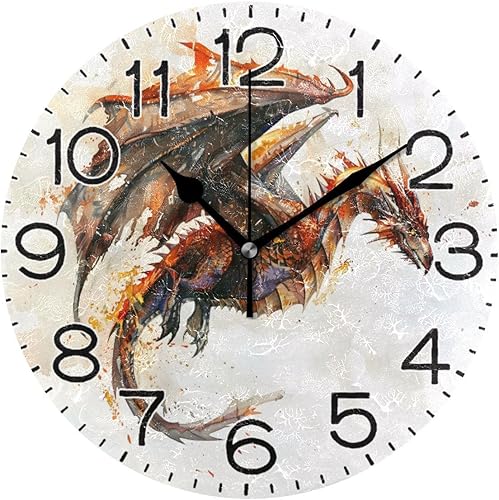 Reloj de pared con diseño de dragón volador, funciona con pilas, sin tictac, de cuarzo, analógico, rústico, rústico, redondo, decoración retro para