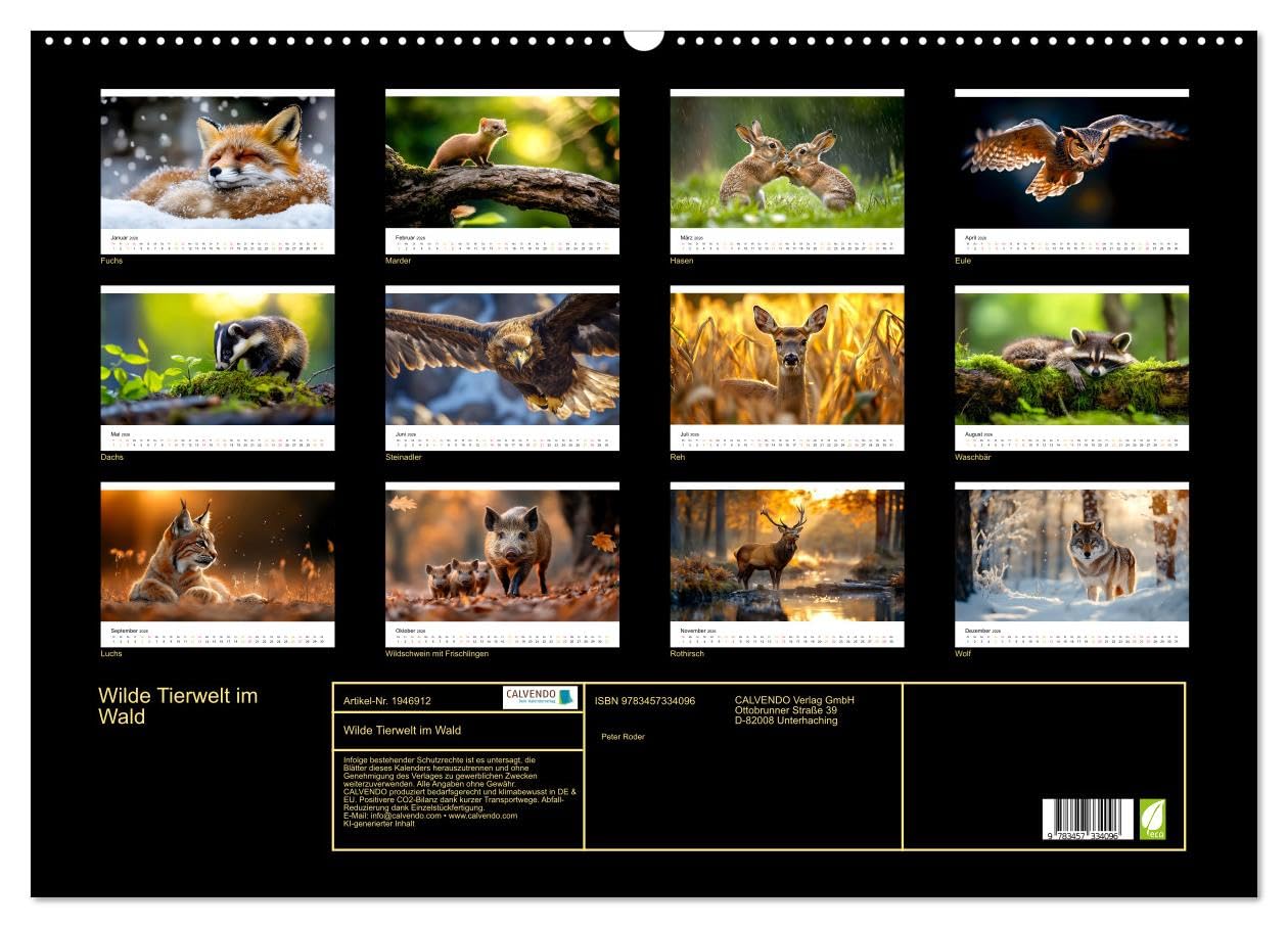 Wilde Tierwelt im Wald (Wandkalender 2026 DIN A2 quer), CALVENDO Monatskalender: Scheue Waldbewohner gekonnt in Szene gesetzt. (CALVENDO Tiere)